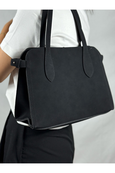 Duya Bags Alya Soft Siyah Süet Dokulu Makyaj Çantalı Omuz Çantası