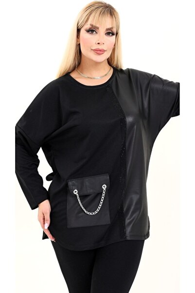 Kheos O-Neck Leather Detailed Pocket Chain and Stone Decorated Design Plus Size Tunic