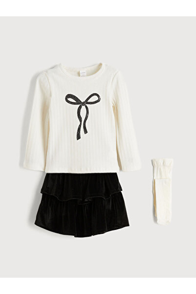 LC Waikiki Lcw Kids Ecru Bow Detailed Girls' Blouse and Skirt