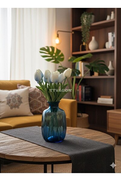 ttvagon Vazo Lale Seti | Dekoratif Cam Lacivert Vazo 10 Dal Lale Set - 20 cm Vazo