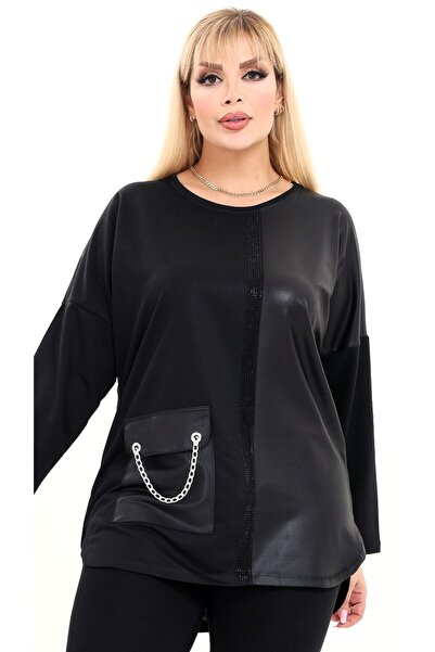 Kheos O-Neck Leather Detailed Pocket Chain and Stone Decorated Design Plus Size Tunic