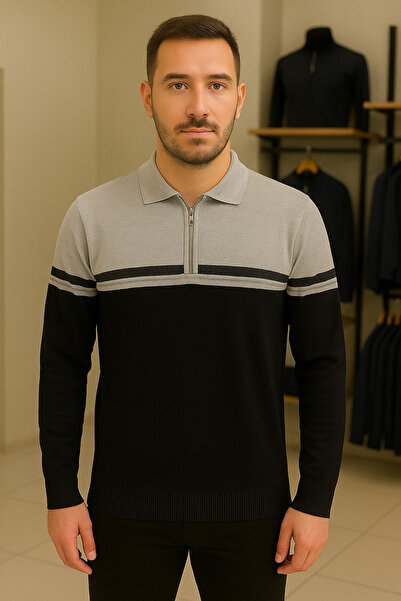 Maccali Men's Casual Long Sleeve Black Zipper Sweatshirt