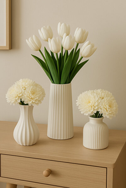 OGWANTO Minimal White Patterned Vase Set – Set of 3 Floral Decorative Set