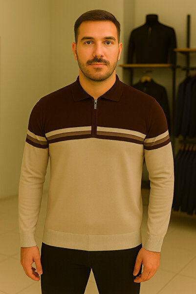 Maccali Men's Casual Long Sleeve Beige Zippered Sweatshirt