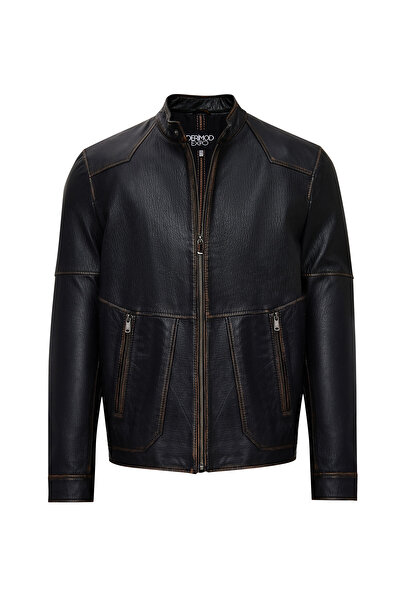 Derimod James Men's Black Judge Collar Leather Coat 25Wge6588Vd