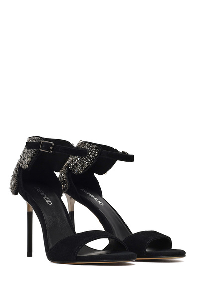 Derimod Women's Black Ankle Buckle Stone High Thin Heeled Suede Leather Shoes 25Wfd490810