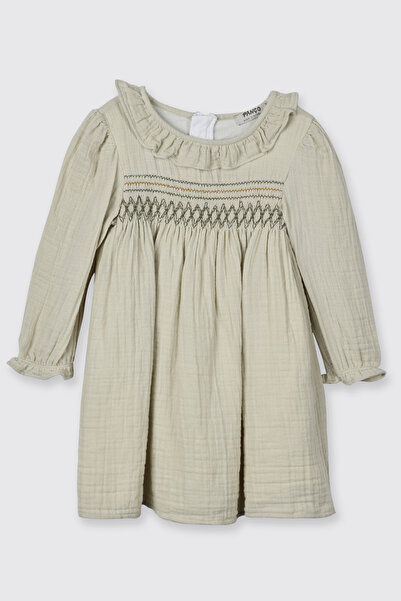 Panço Kız Bebek Gipe Detaylı Müslin Yeşil Elbise