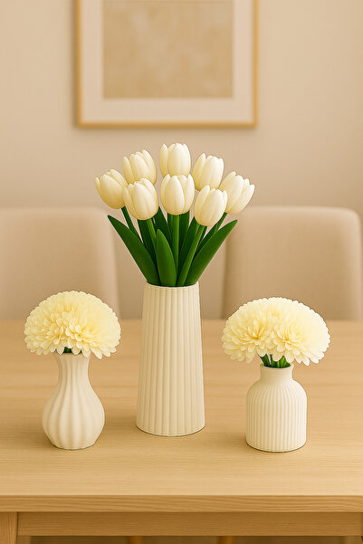 OGWANTO Minimal White Patterned Vase Set – Set of 3 Floral Decorative Set