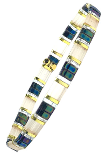 NAZLI TAKILAR سوار مصنوع يدويًا من خرز زجاجي ميوكى تيلا مرن ومزين بتفاصيل ذهب...