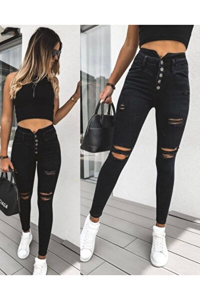 Lady Moss Women's 5-button v detail waist ripped jeans