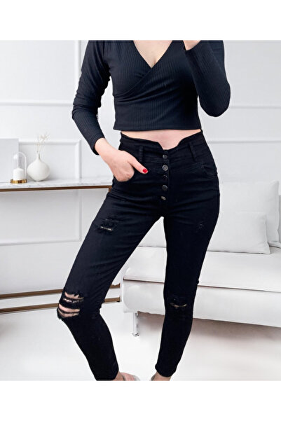 Lady Moss Women's 5-button v detail waist ripped jeans