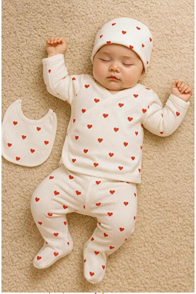 GÜNEŞ KİDS Kız Bebek 5 Parça Kırmızı Kalpli Yenidoğan Hastane Çıkış Seti Kutulu