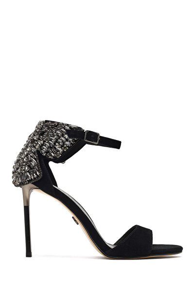 Derimod Women's Black Ankle Buckle Stone High Thin Heeled Suede Leather Shoes 25Wfd490810