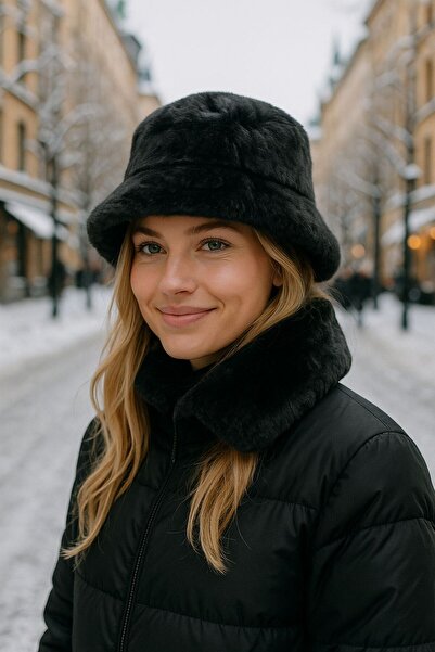 FELLMENS Black Soft Textured Plush Bucket Women's Hat