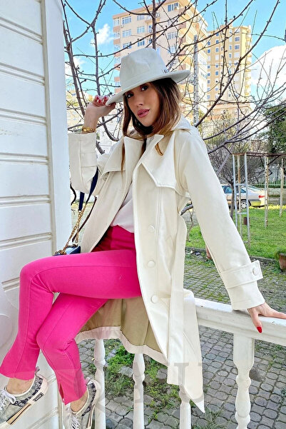 Qaju Women's Belted Jacket Collar Long Faux Leather Trench Coat - Ecru