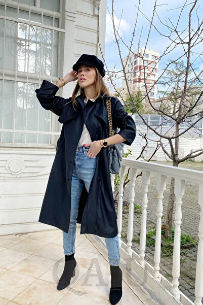 Qaju Women's Belted Jacket Collar Long Faux Leather Trench Coat - Black