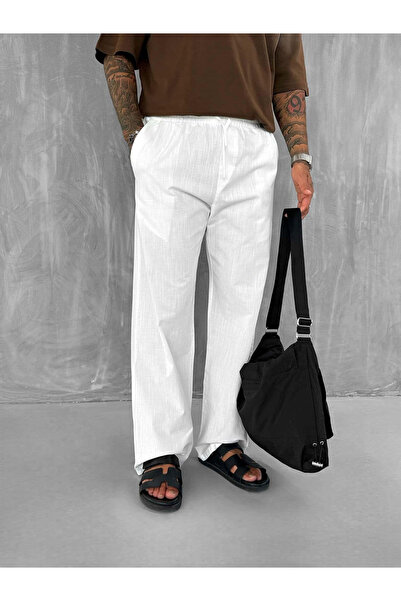 XPUPPETWEAR Men's Linen Look Baggy Trousers with Elastic Waist White