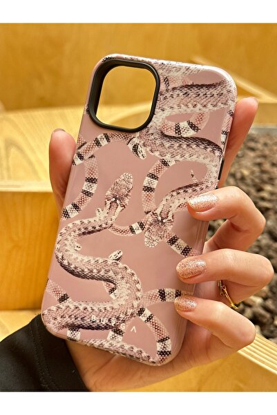BURKİNA iPhone 13/14 Uyumlu Pembe Yılan Desenli Parlak Silikon Telefon Kılıfı