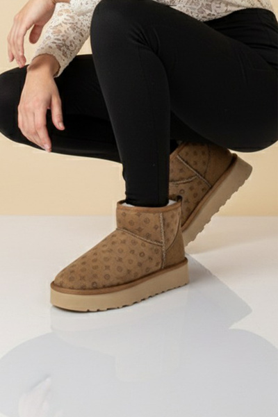 Pierre Cardin Printed Women's Short Plush Suede Tan High Sole Daily Boots 55395