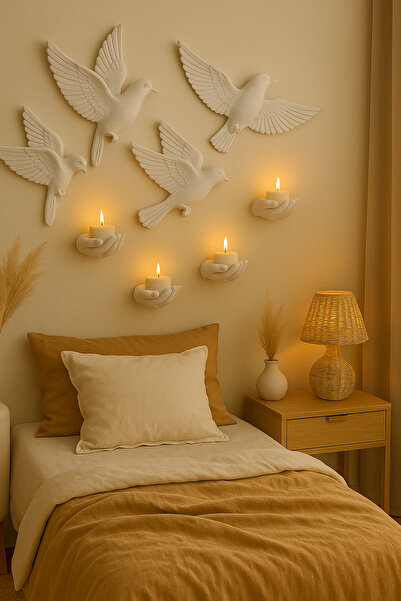 Findify Store Beyaz Dekoratif 4’lü Kuş Figürü & 5’li El Mumluk Seti Romantik Duvar Dekoru Tealight Mum Hediyeli