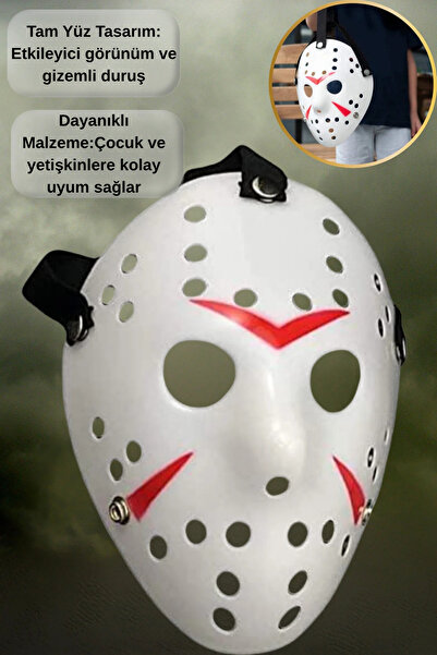 Tamsena Store Beyaz Kırmızı Çizgili Korku Maskesi – Tam Yüz Plastik Parti ve Özel Gün Aksesuarı