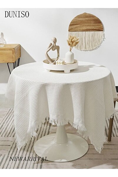 DOMEET Checkerd Pattern Tassel Cotton Linen Table Cloth For Dinning Room And Kitchen 130CM
