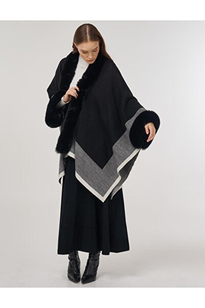 Kayra Faux Fur Detailed Poncho Black