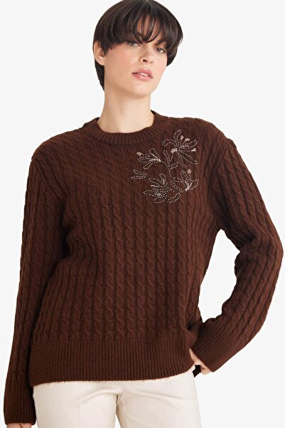 DeFacto Regular Fit Crew Neck Embroidered Knit Sweater G3054Ax25Au
