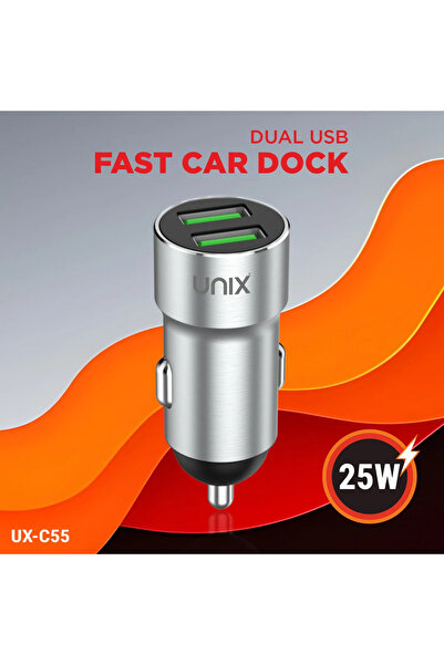 unix International Unix UX-C55 | 25W Dual USB Fast Charging Car Dock with Smart IC & Stylish Metal Finish