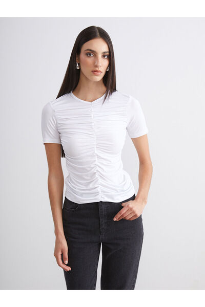 LC Waikiki White V-Neck Gathered Blouse