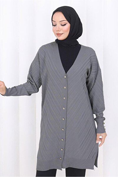 TRENDTESETTÜR Women's Gray Patterned Knitwear Cardigan t 8913