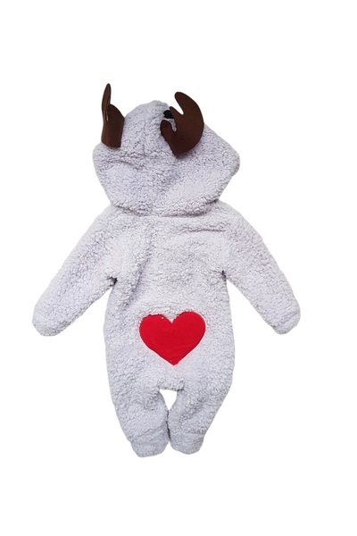 Miniworld Baby fleece jumpsuit with hood and ears, Reindeer model, heart print on the back, gray
