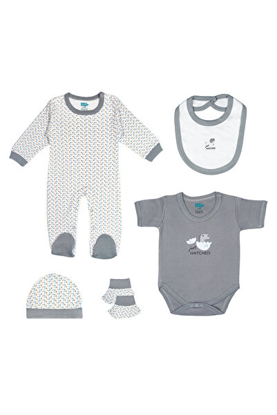Babies Basic 5 piece Sets include Bib, Romper, Mittens, Cap and Sleepsuit, 6-9 Months , Gray