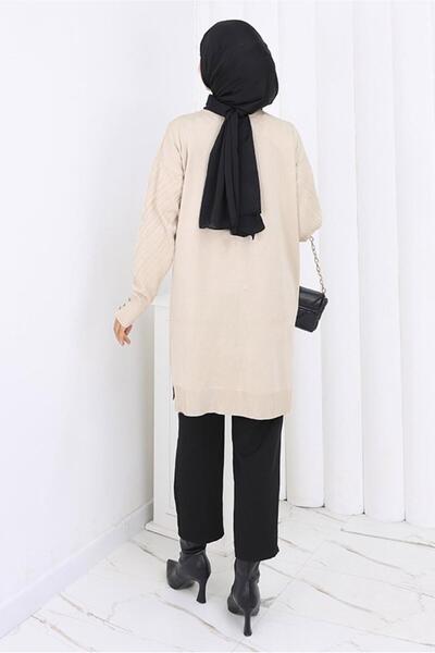 TRENDTESETTÜR Women's Beige (Stone) Patterned Knitwear Cardigan t 8913