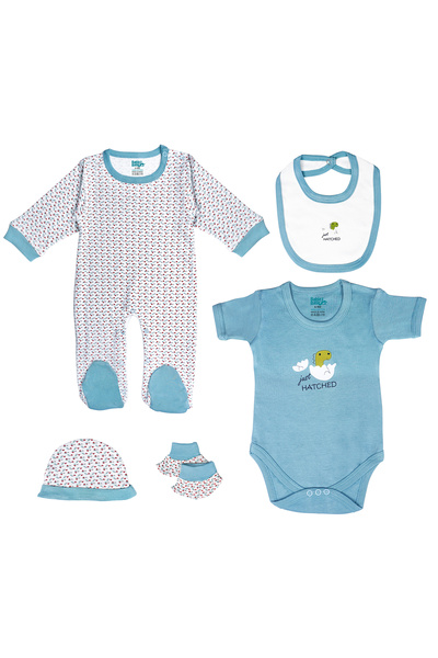Babies Basic 5 piece Sets include Bib, Romper, Mittens, Cap and Sleepsuit, 9-12 Months , Blue
