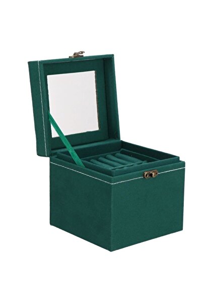 Springos Cutie de bijuterii din catifea, verde, cu oglindă, 12x12x12 cm -