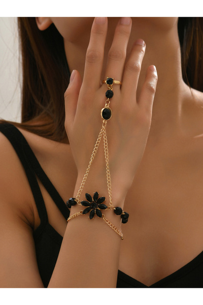 Take Two By Styli Black Stone Hand Chain Ring Bracelet