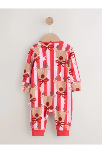 Next Baby 100% Organic Cotton Christmas Reindeer Patterned Pink Christmas Jumpsuit Alyf40054