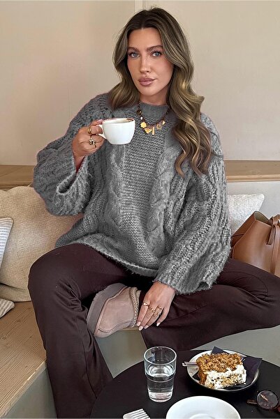 Madmext Dark Gray Crew Neck Knit Pattern Women's Knitwear Sweater Mg2601