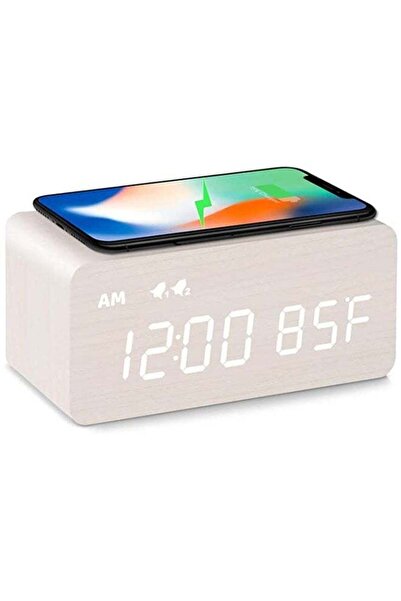 fulina Digital Wooden Alarm Clock, with Wireless Charging, 0-100% Dimmer, Weekday /Weekend Mode White