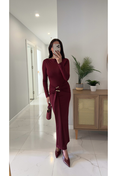 BİRCANÇİL Rochie Zegra Burgundy Gold cu detaliu cu cataramă la spate cu fantă
