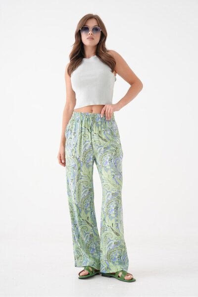 Saade Women's High Waist Flowy Viscose Wide Leg Summer Pants - Elastic Waistband