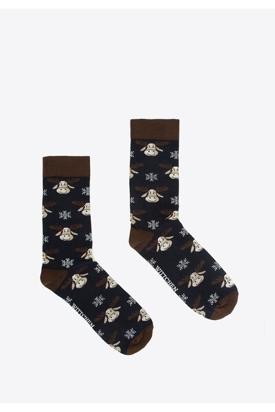 Wittchen Men's Reindeer Socks - Set of 2, Navy Blue and Beige Cotton