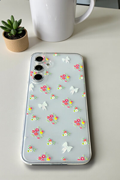Merwish Samsung Galaxy A24 Compatible Ribbon and Floral Pattern Transparent Case Cover