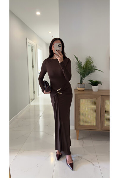 BİRCANÇİL فستان زيجرا بني ذهبي بتفاصيل مشبك خلفي شق