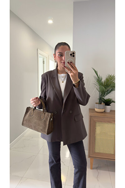 BİRCANÇİL Dlvin Wos Khaki Brown Shoulder Pad Piece Blazer Jacket