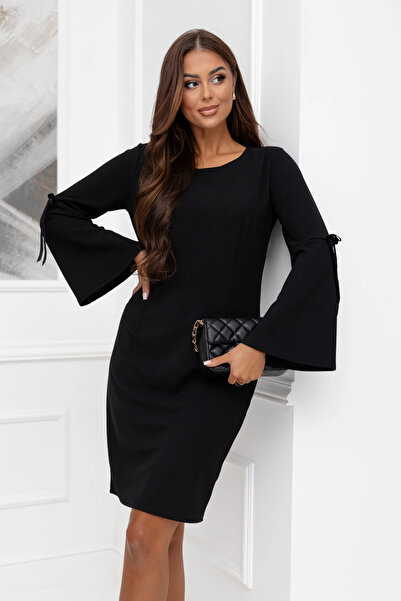 UniqueStore.ro Elegant black dress with flared sleeves and decorative ribbons