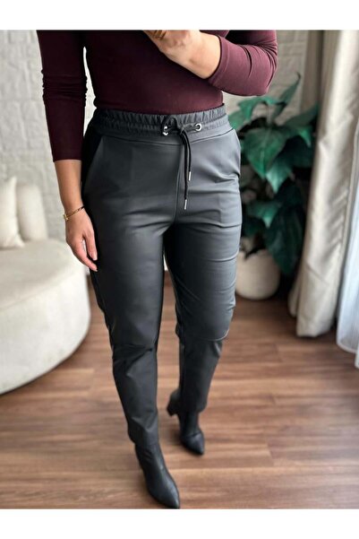 floral fashıon Women's Faux Leather Jogger Pants Stretch Fabric Stretchy Fabric Inside Soft Cotton Sh Fleece-Lined Matte Black