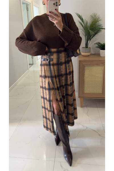 BİRCANÇİL Husan Brown Patterned Slit Skirt