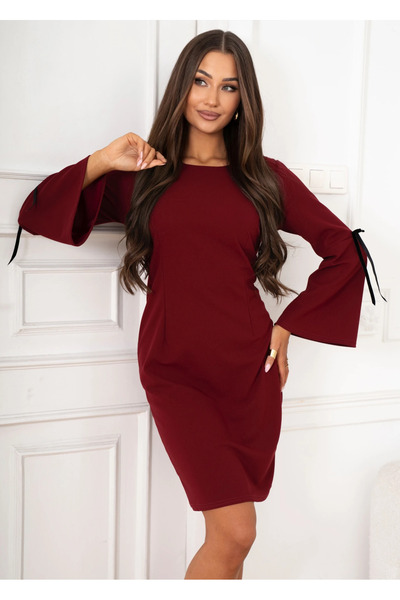 UniqueStore.ro Rochie elegantă bordo cu mâneci evazat și panglici decorative